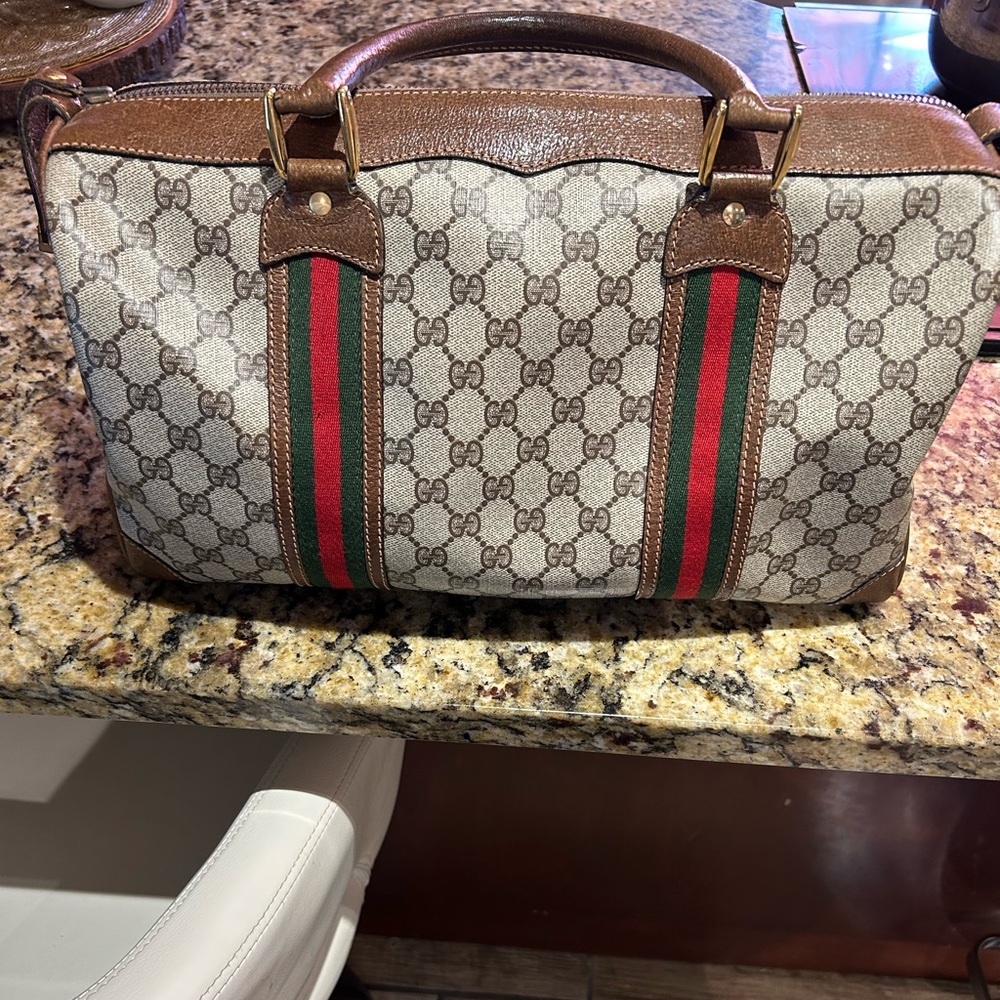 Gucci Brown and Cream Duffel Bag with Iconic Monogram